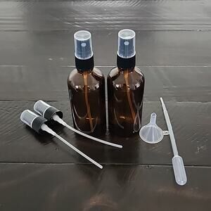 AMBER GLASS Spray Bottles 4 oz Each With Funnel & Extra Spray Nozzles Set of 2